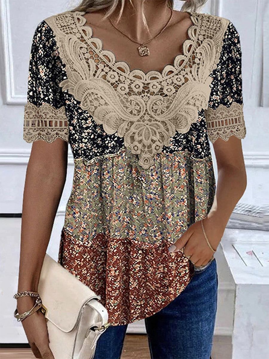 Black V-neck lace loose short-sleeve blouse with scalloped floral detail