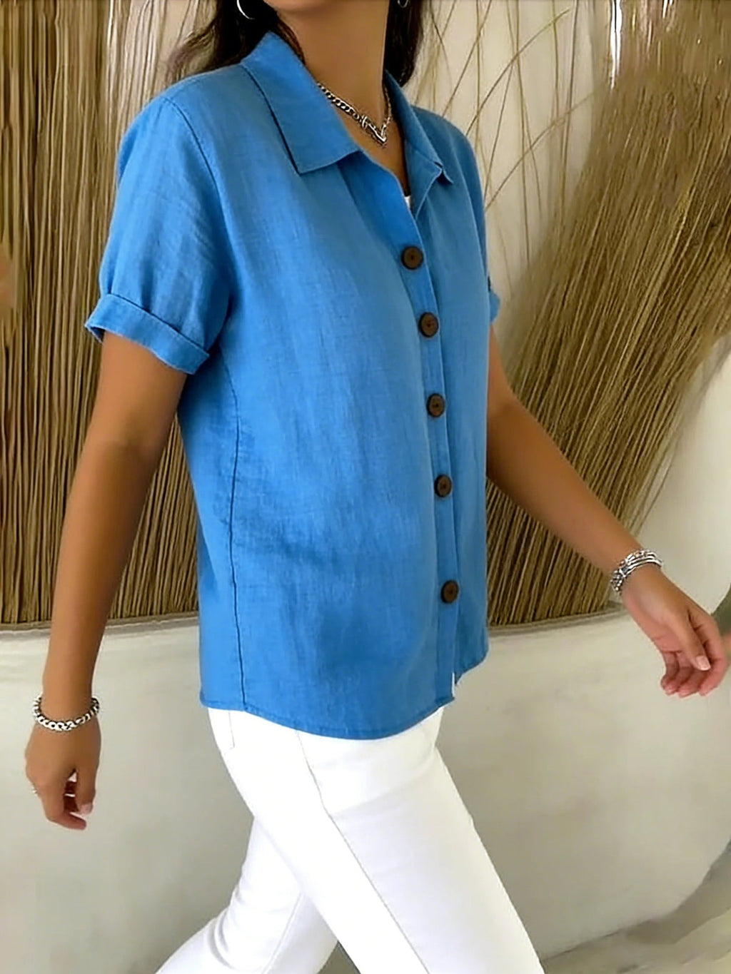 Blue short-sleeve button-up linen-cotton shirt, pointed collar, front button placket