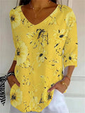Yellow vintage floral V-neck T-shirt with 3/4 sleeves