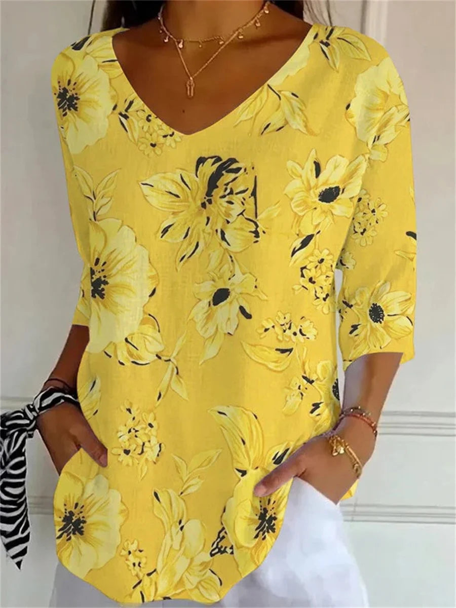 Yellow vintage floral V-neck T-shirt with 3/4 sleeves