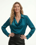 Blue-green silk cowl-neck full-sleeve blouse with draped neckline