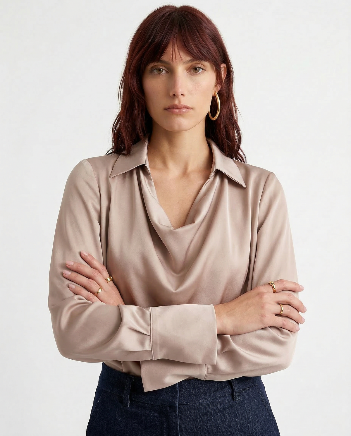 Tonalia 100% silk full-sleeve shirt, draped cowl neck, long sleeves, camel satin