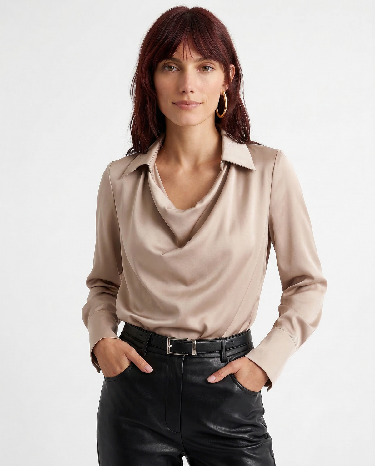 Camel 100% silk full-sleeve cowl-neck shirt with pointed collar