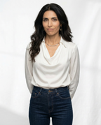 White 100% silk full-sleeve cowl-neck shirt with pointed collar