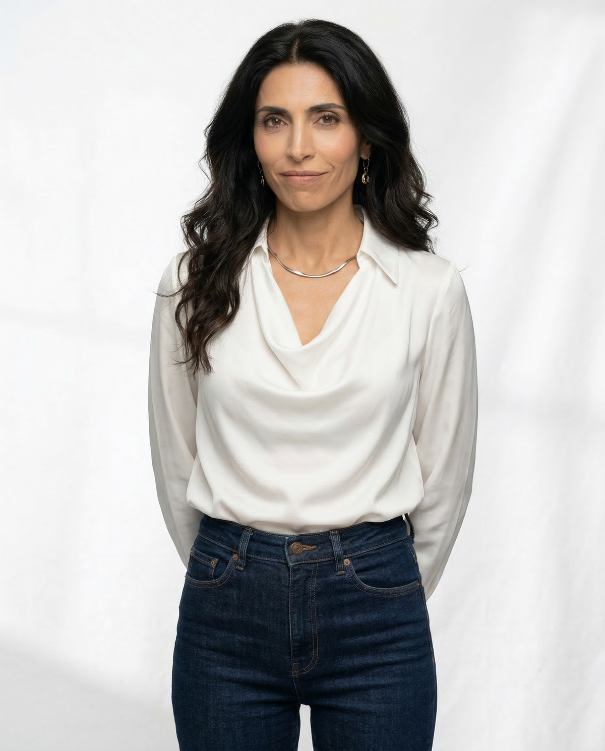 White 100% silk full-sleeve cowl-neck shirt with pointed collar