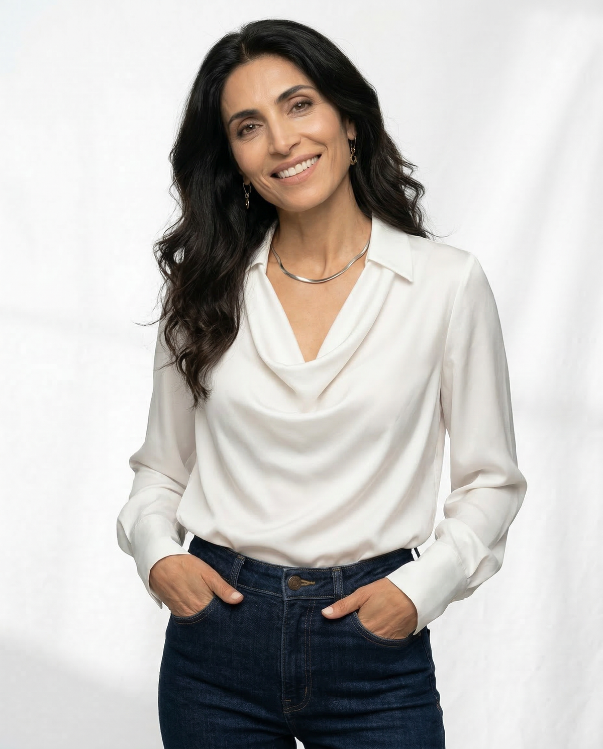 Silk full-sleeve shirt, draped cowl neck, long sleeves, white satin top
