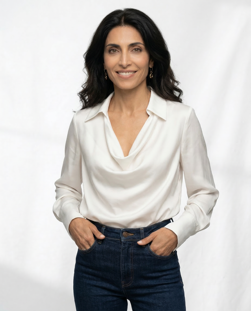 White 100% silk full-sleeve cowl-neck shirt with buttoned collar placket