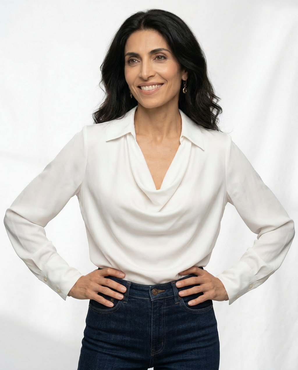 White 100% silk full-sleeve cowl-neck blouse with draped neckline