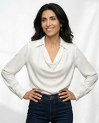 White 100% silk full-sleeve cowl-neck blouse with draped neckline