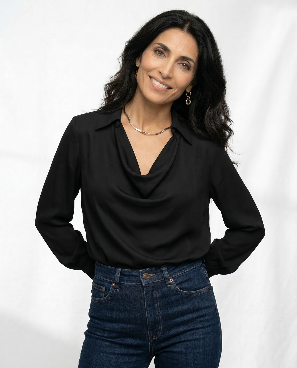 Black 100% silk full-sleeve cowl-neck shirt with draped neckline