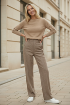 Camel high-waisted straight-leg wool-blend trousers with front crease and belt loops
