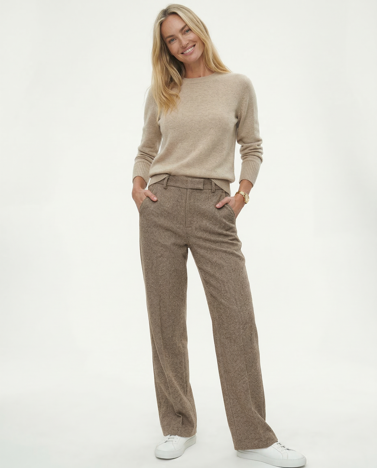 Camel herringbone-textured straight-leg trousers with high waist and belt loops