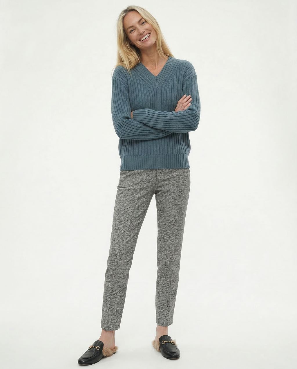 Gray high-waisted straight-leg trousers with front crease and belt loops