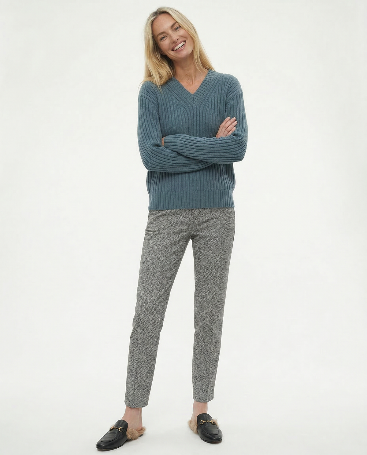 Gray high-waisted straight-leg trousers with front crease and belt loops