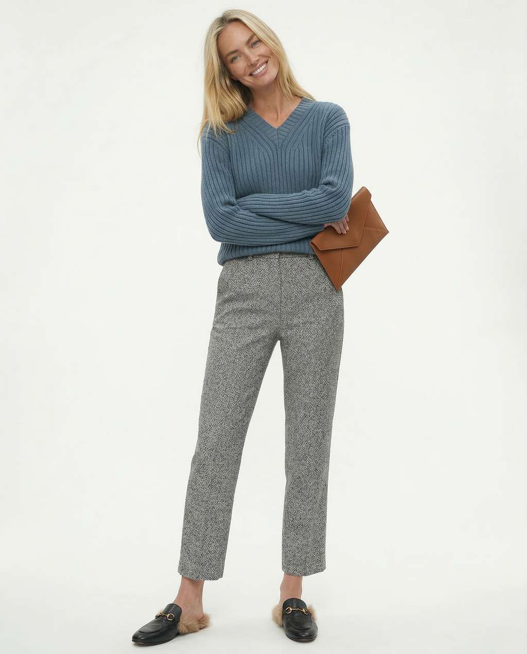 Gray tweed-look high-waisted straight-leg trousers with side pockets and belt loops