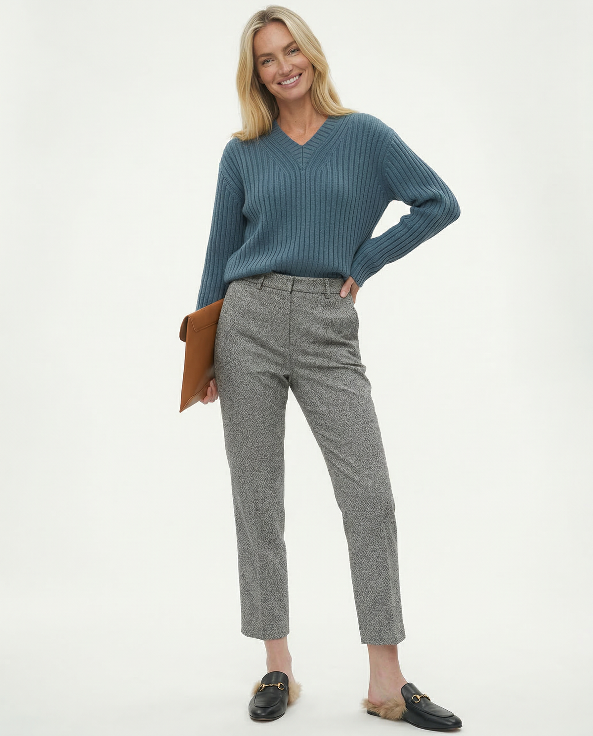 Gray wool-blend straight-leg trousers with high waist, side pockets, and belt loops