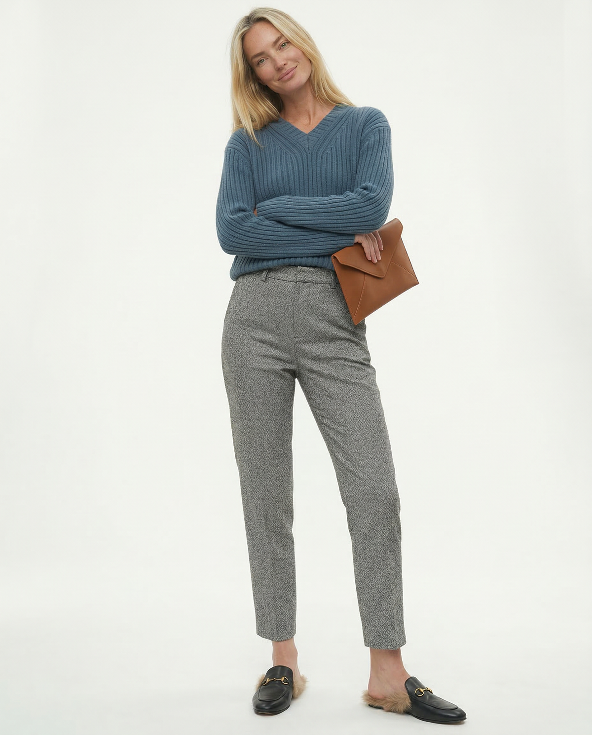 Gray high-waisted straight-leg wool-blend trousers with belt loops and side pockets