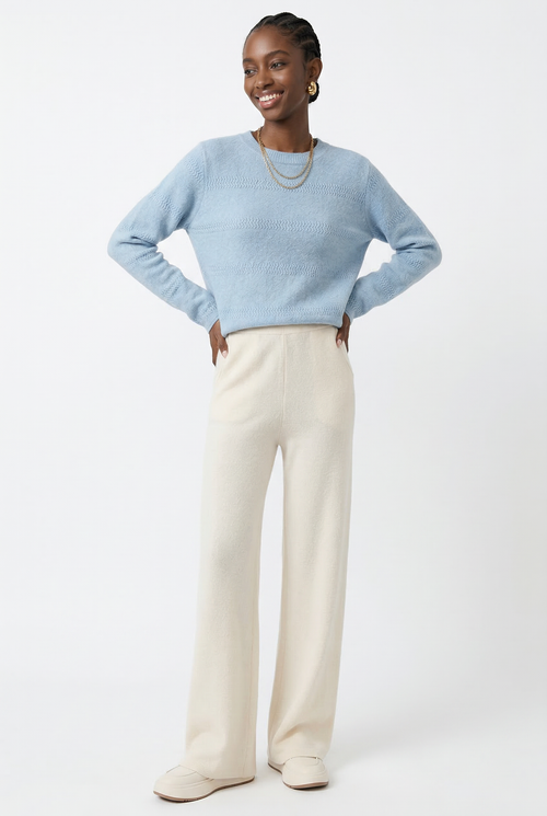 Women’s wide-leg knit pants in cream, pull-on style with wide, flowing legs
