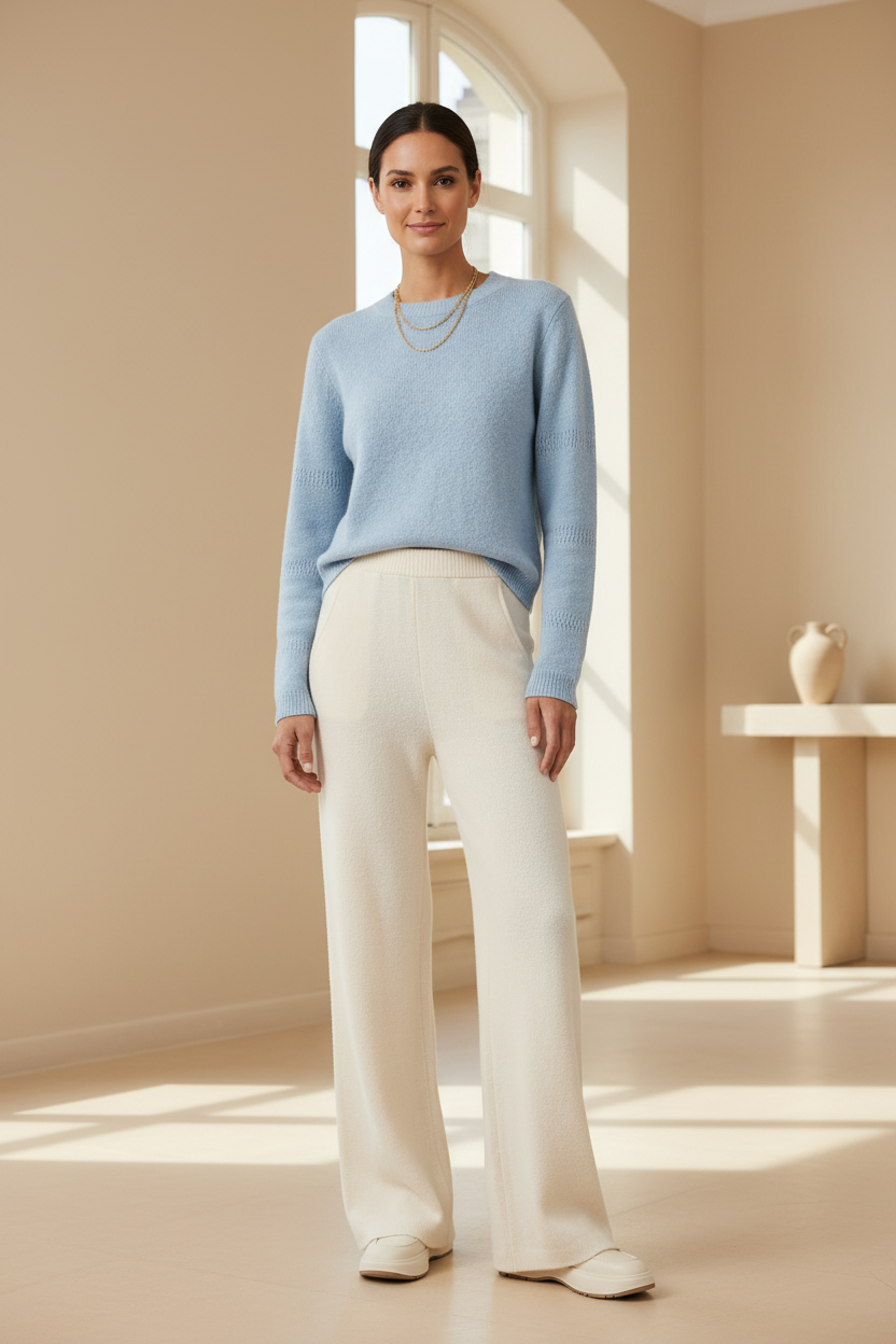 Women’s wide-leg knit pants in cream, full-length view with straight, relaxed legs