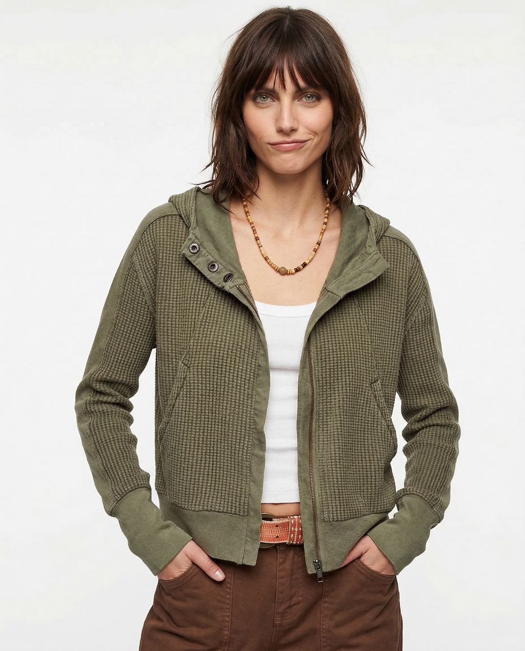 Olive waffle hoodie with hood, zip front, and drawcord at neckline