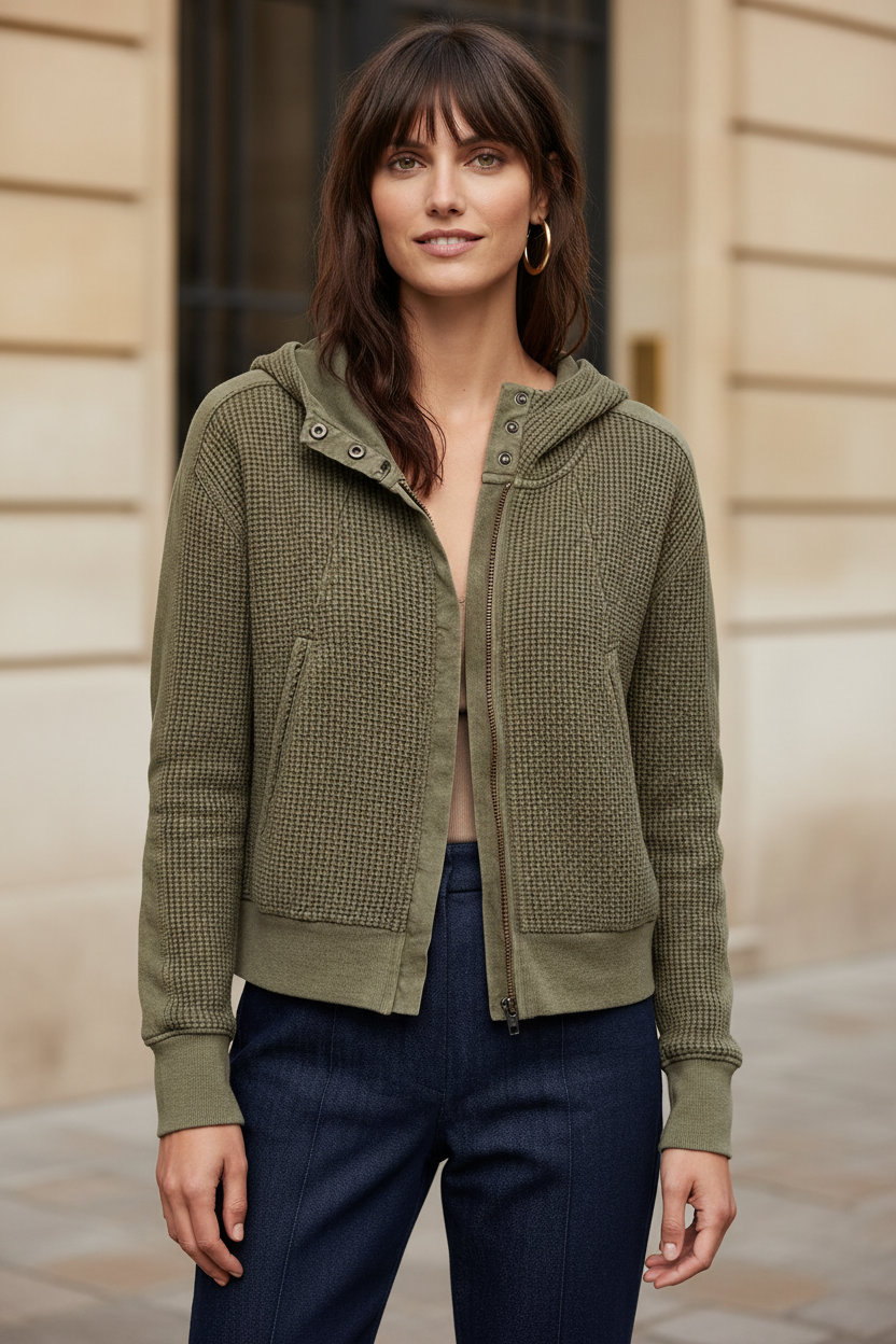 Olive waffle-knit hoodie with hood, snap-front placket, and kangaroo pocket.