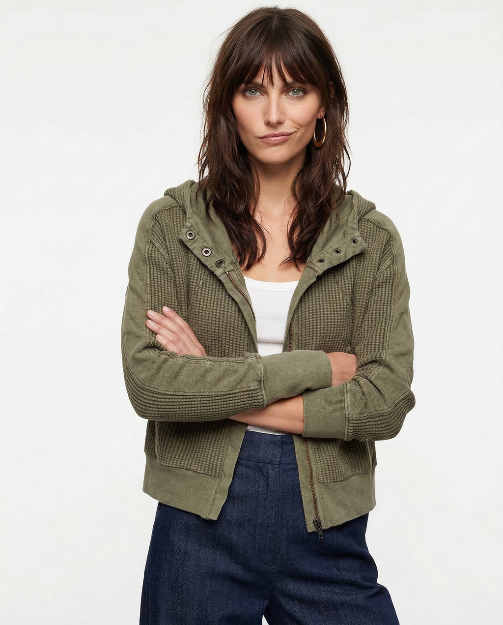 Olive waffle hoodie with hood and snap-front detail; kangaroo pocket at the front.