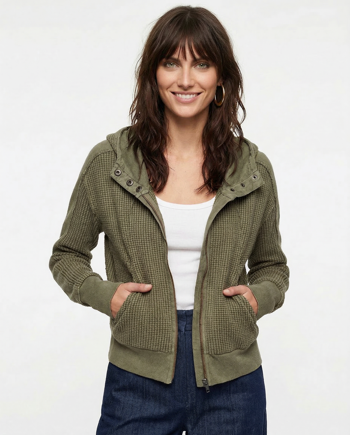 Olive waffle-knit hoodie with hood and center-front zipper; snap placket near neckline.