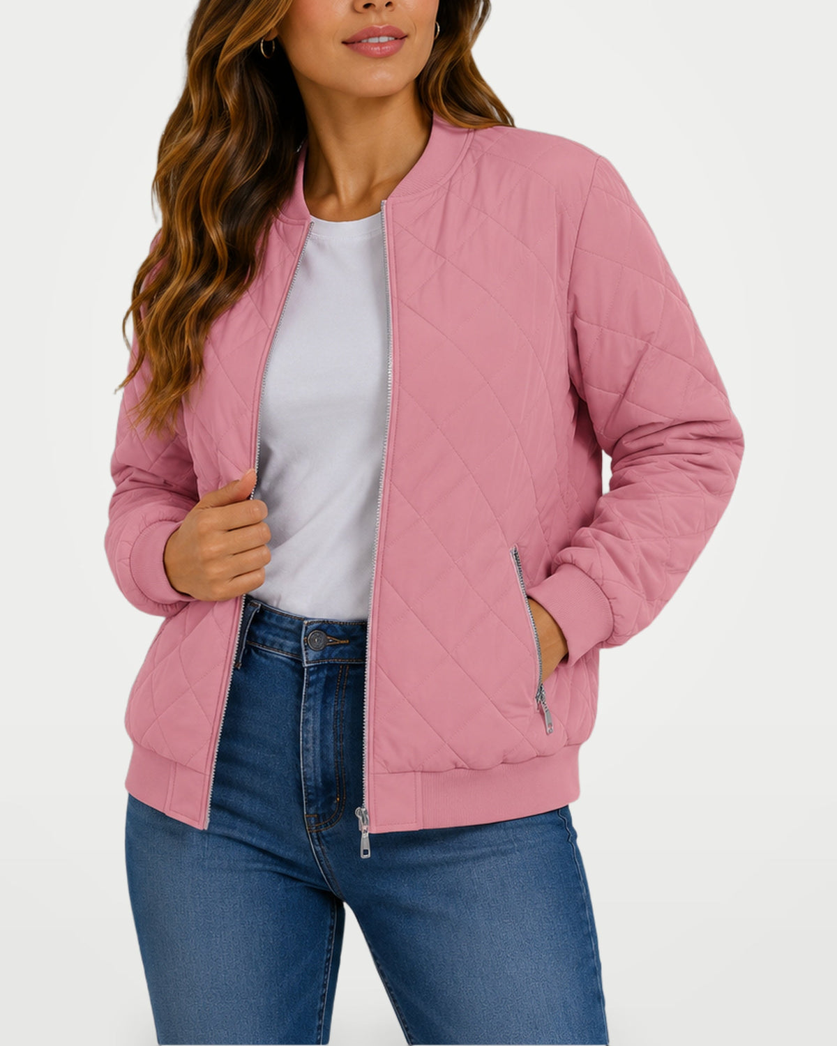 Women's quilted bomber jacket in mauve pink with zipper front and side pockets
