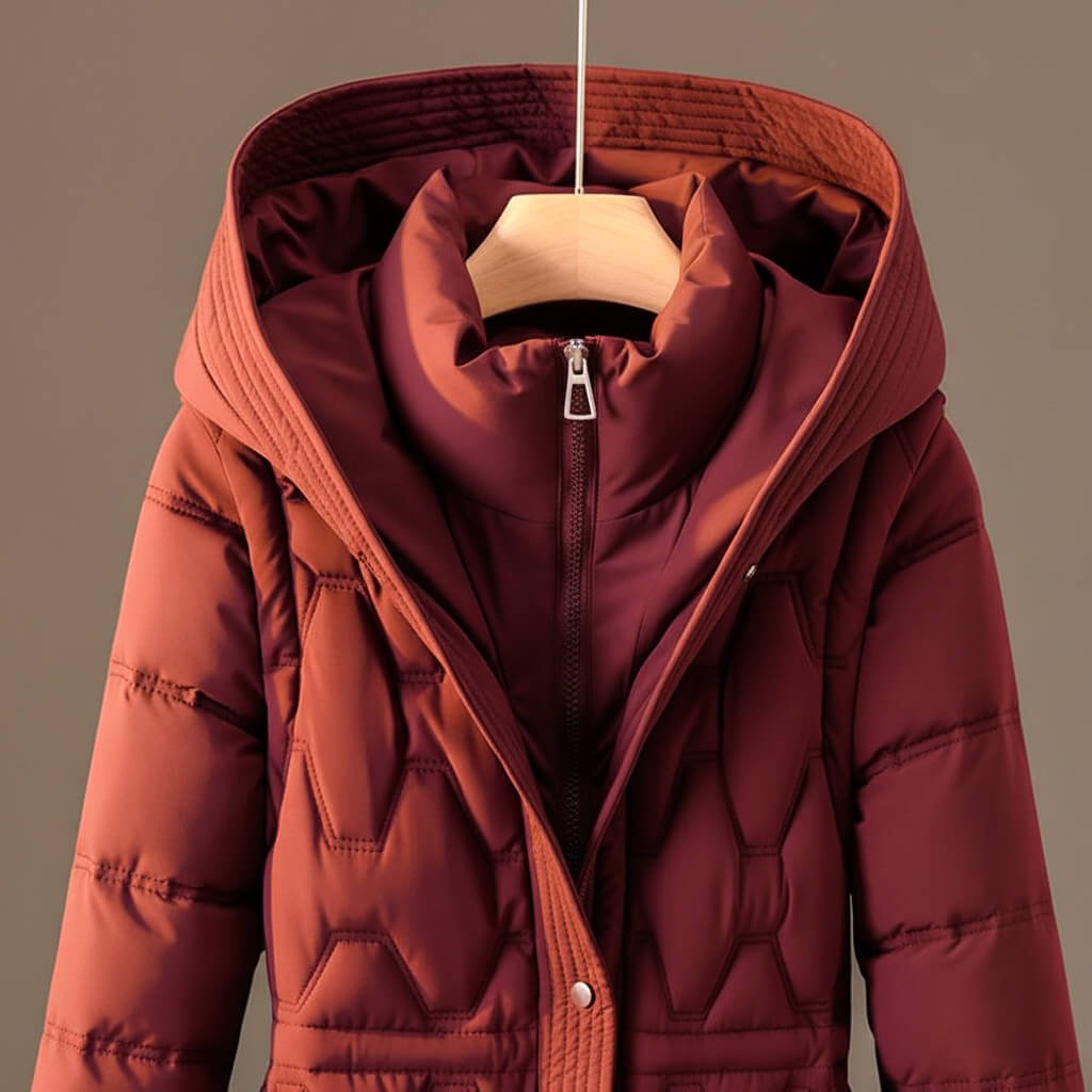 Rose red quilted hooded coat close-up, front zipper with snap placket, drawstring hood
