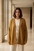 Women's honeycomb knit cardigan with pockets, sand beige, open front, long sleeves