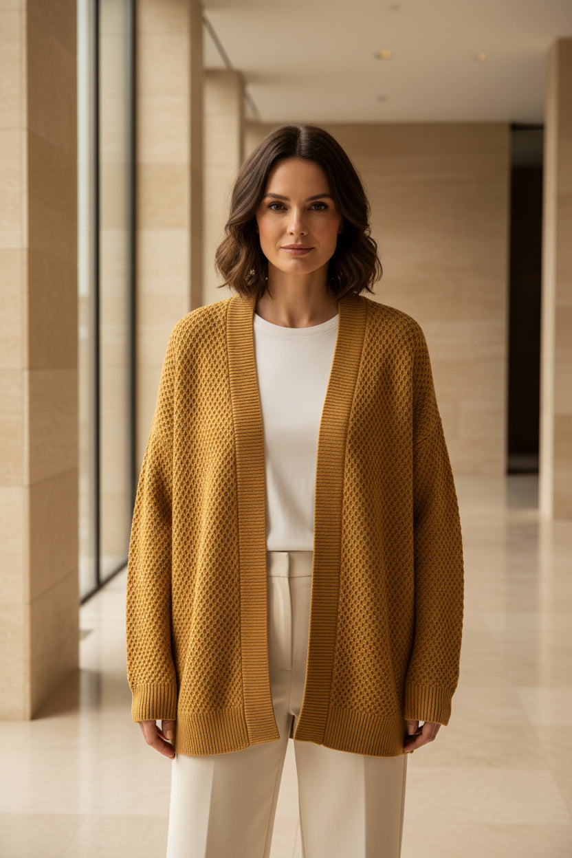 Women's honeycomb knit cardigan with pockets, sand beige, open front, long sleeves