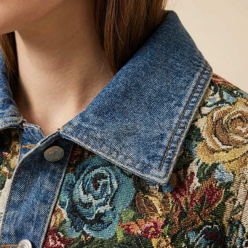Denim collar and button detail with floral patchwork on jacket shoulder