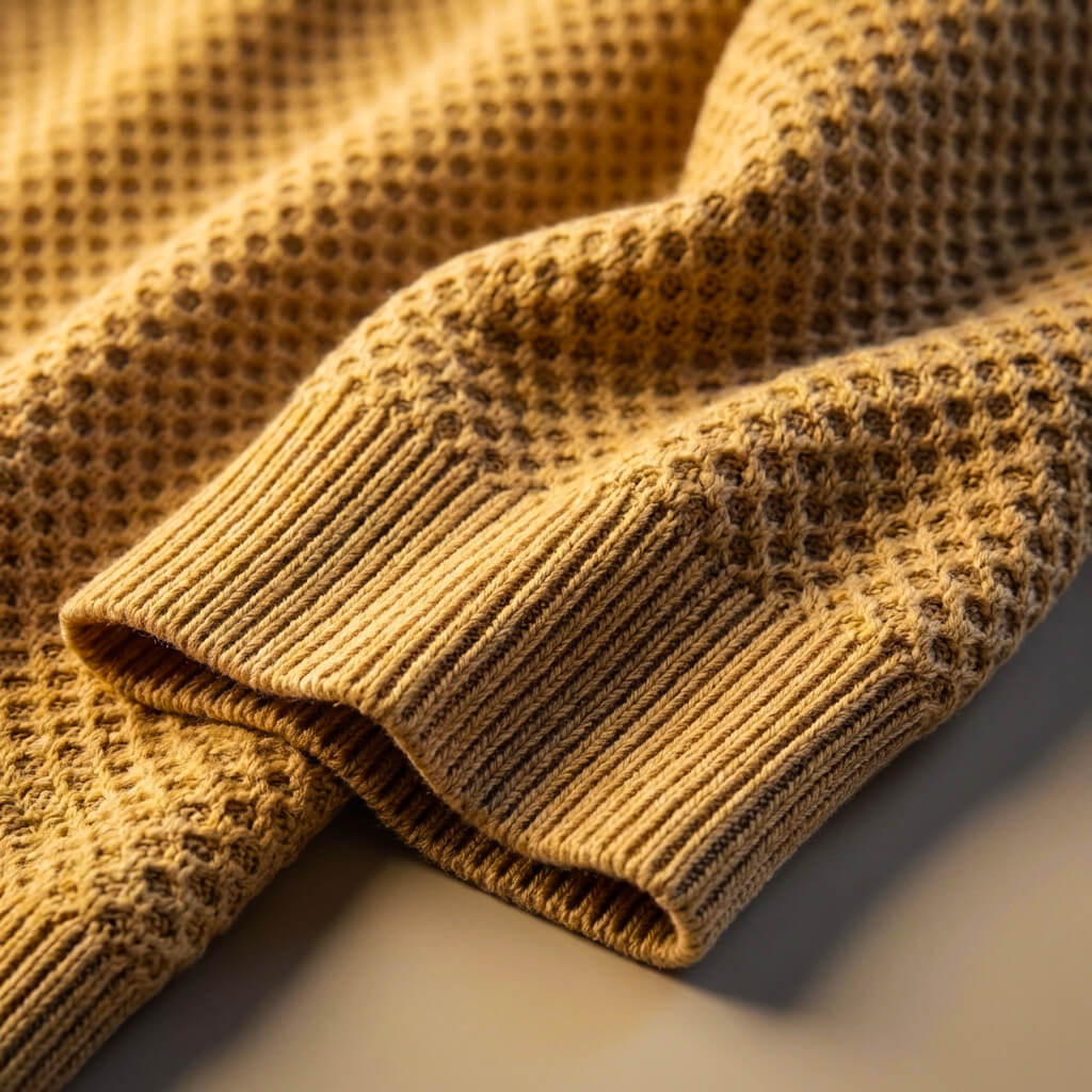 Honeycomb knit cardigan cuff detail, sand beige knit texture