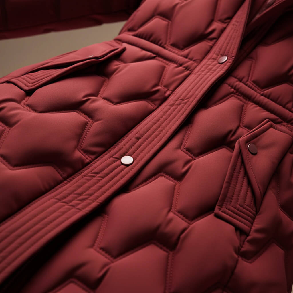 Rose red quilted hooded coat detail, striped belt tape with snap buttons