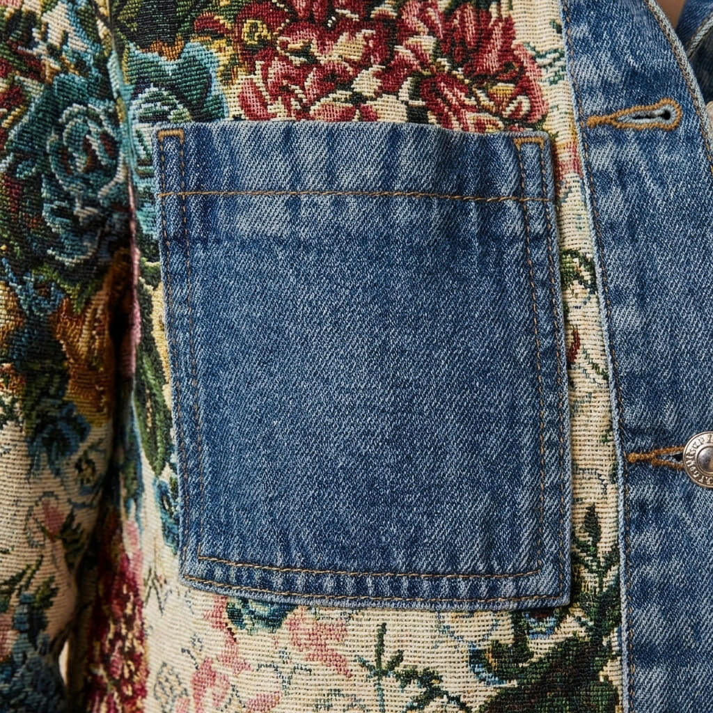 Denim front pocket detail with floral patchwork panels and stitched border