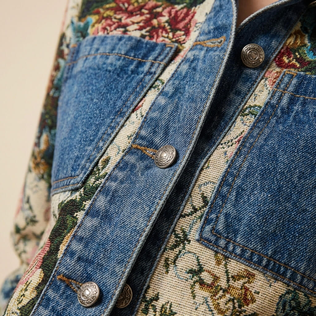 Denim button placket and sleeve cuff with floral patchwork trim