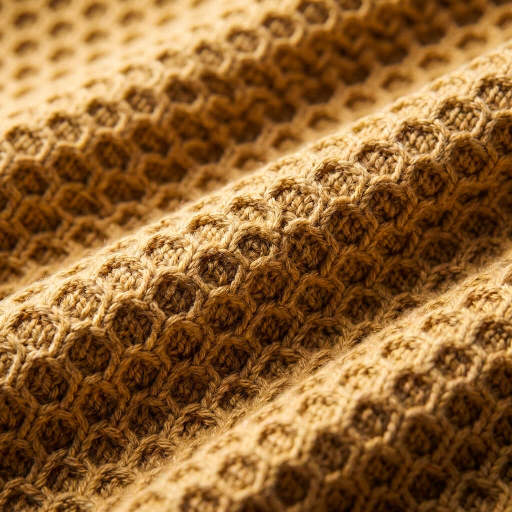Honeycomb knit fabric texture close-up, sand beige
