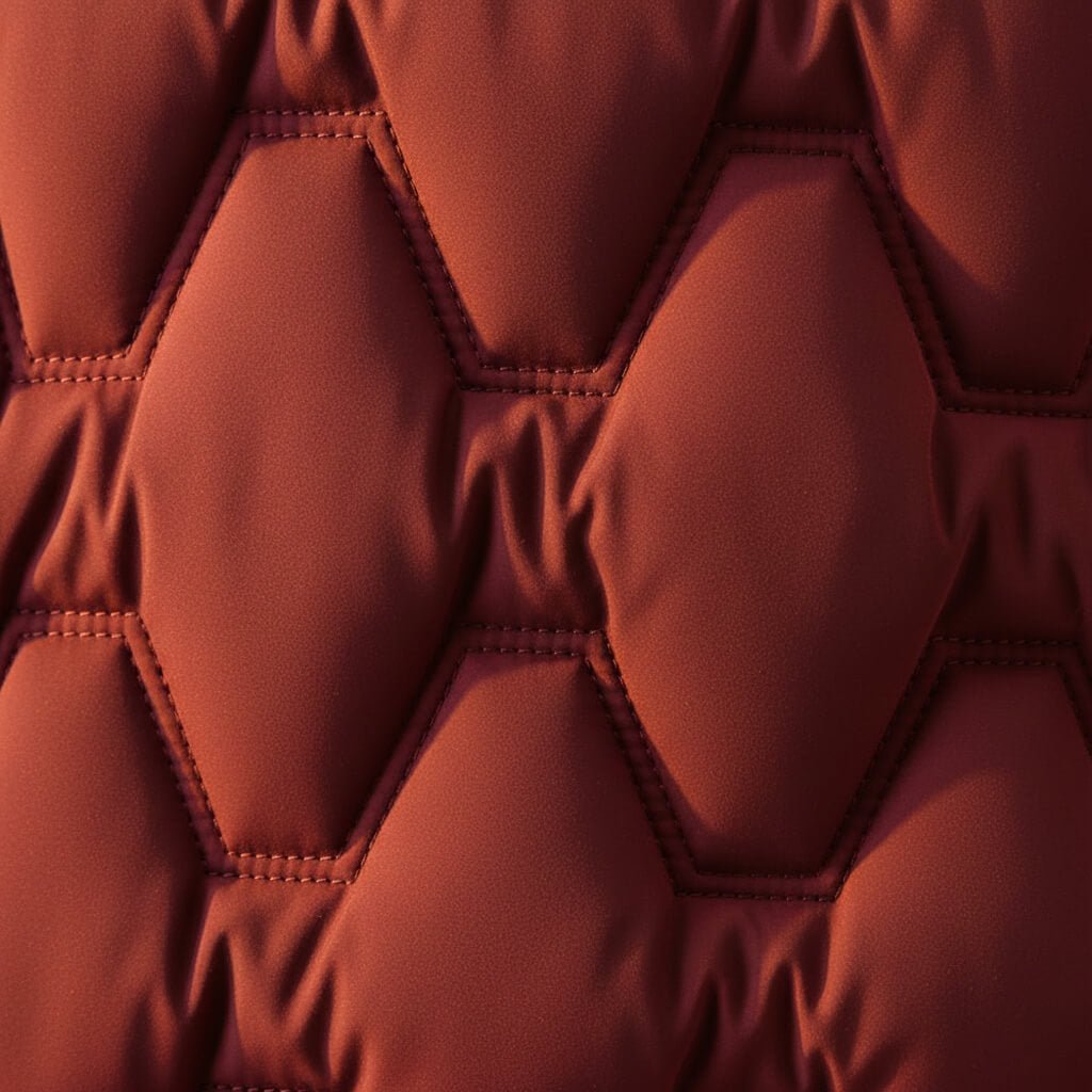 Rose red quilted hooded coat fabric detail, stitched diamond panels