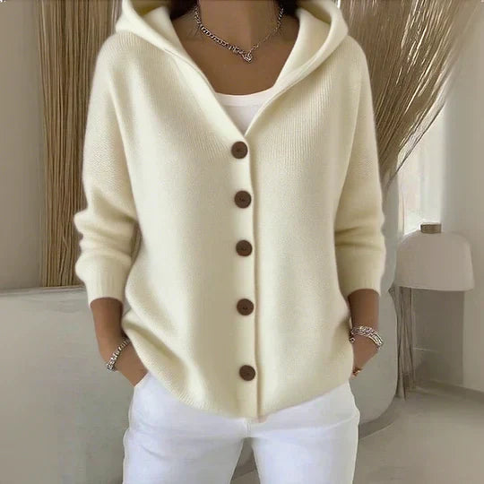Soft hooded knit cardigan in beige with button front and ribbed cuffs
