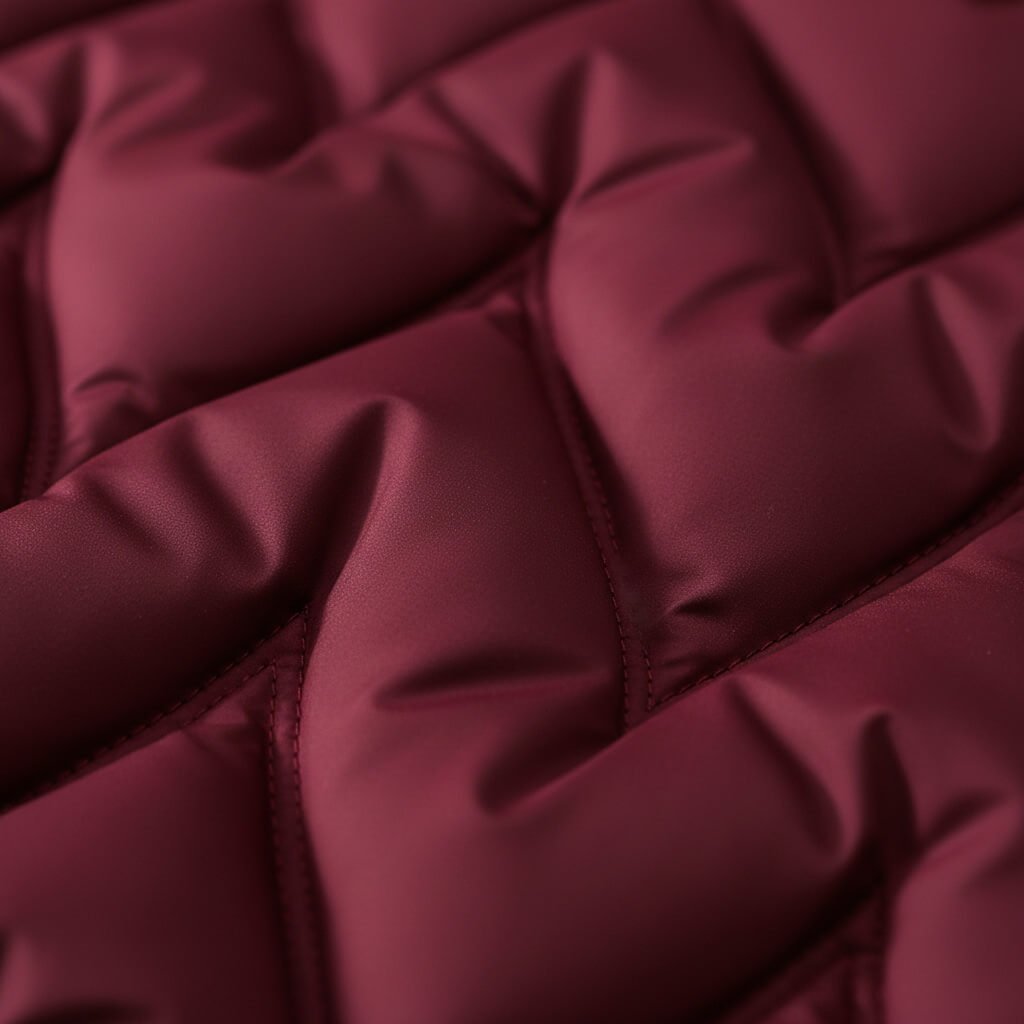 Rose red quilted fabric close-up with stitched panels and smooth finish