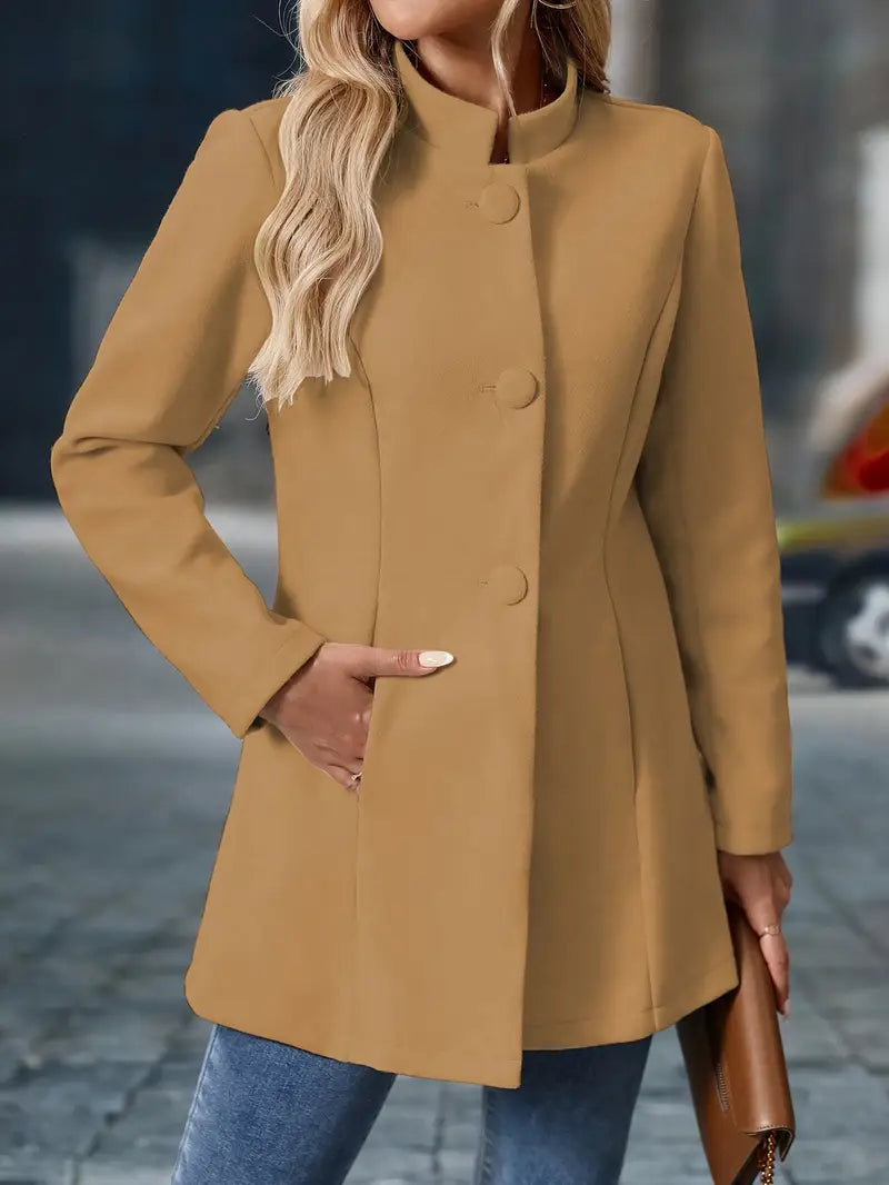 Camel buttoned stand-collar winter coat, mid-length cut with front placket and pockets