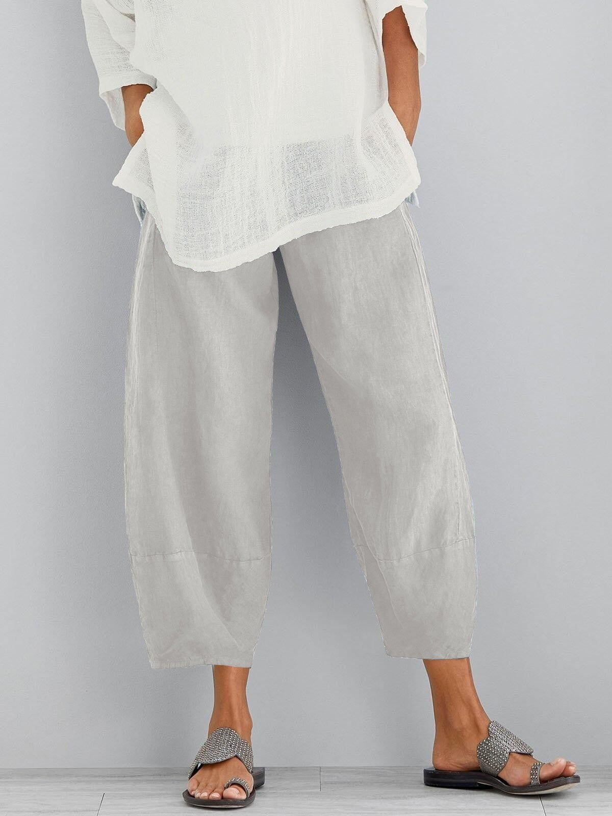 Women's loose cotton cropped pants in light gray, roomy wide legs and cuffs