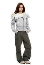 Light grey zip-up hoodie with white faux fur hood trim and zip-front closure