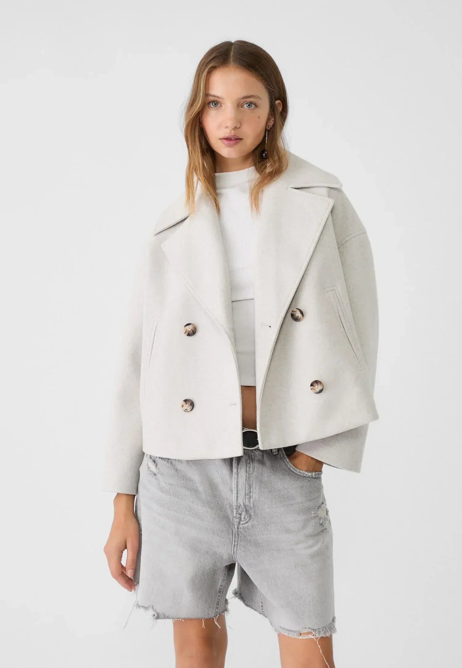 Off-white boxy cropped double-breasted blazer with notched lapels and button front
