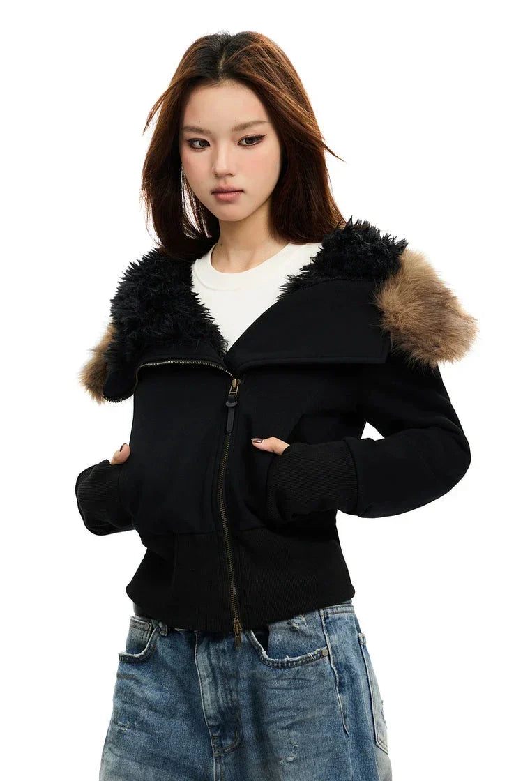 Black zip-up hoodie with white faux fur hood trim, ribbed cuffs, front zipper