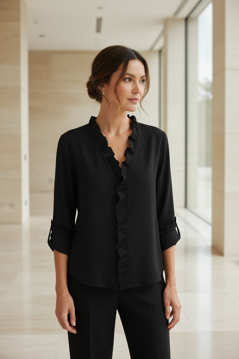 Black ruffle-trim V-neck blouse with long sleeves