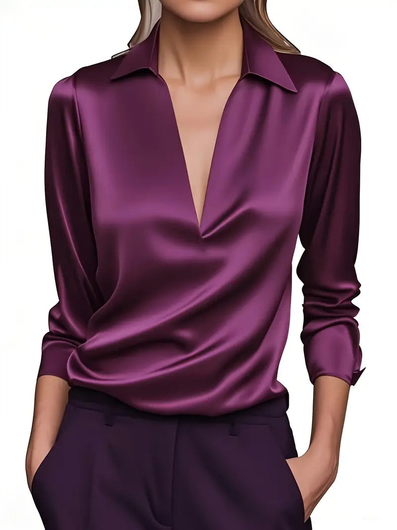 Burgundy satin V-neck blouse with pointed collar, 3/4 sleeves, smooth drape front