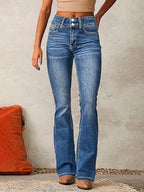 Blue high-waisted flared jeans, front view with button fly and patch pockets