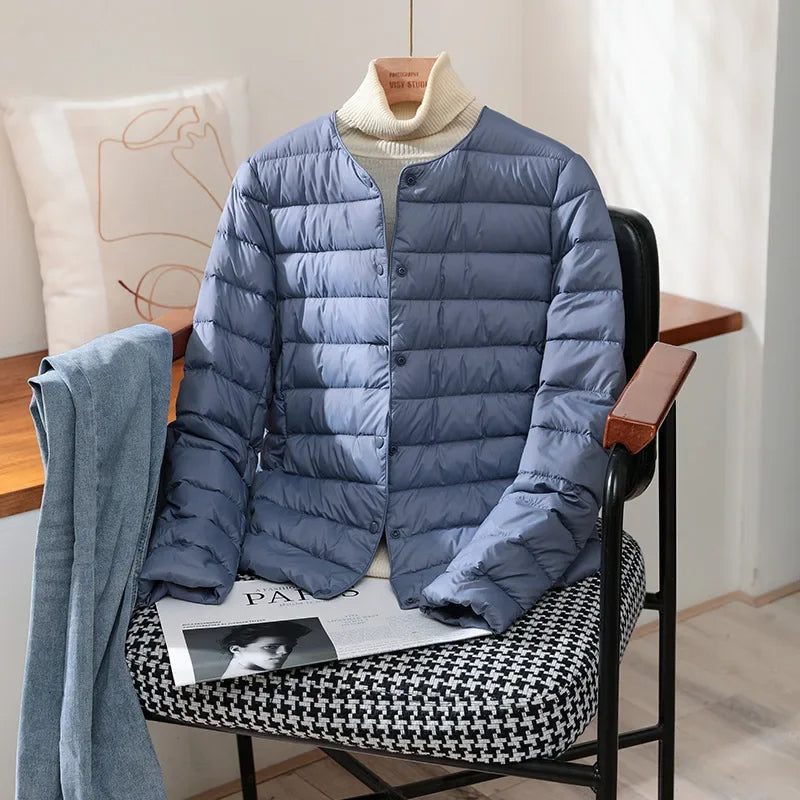 Quilted lightweight jacket, navy blue, button front with stand collar
