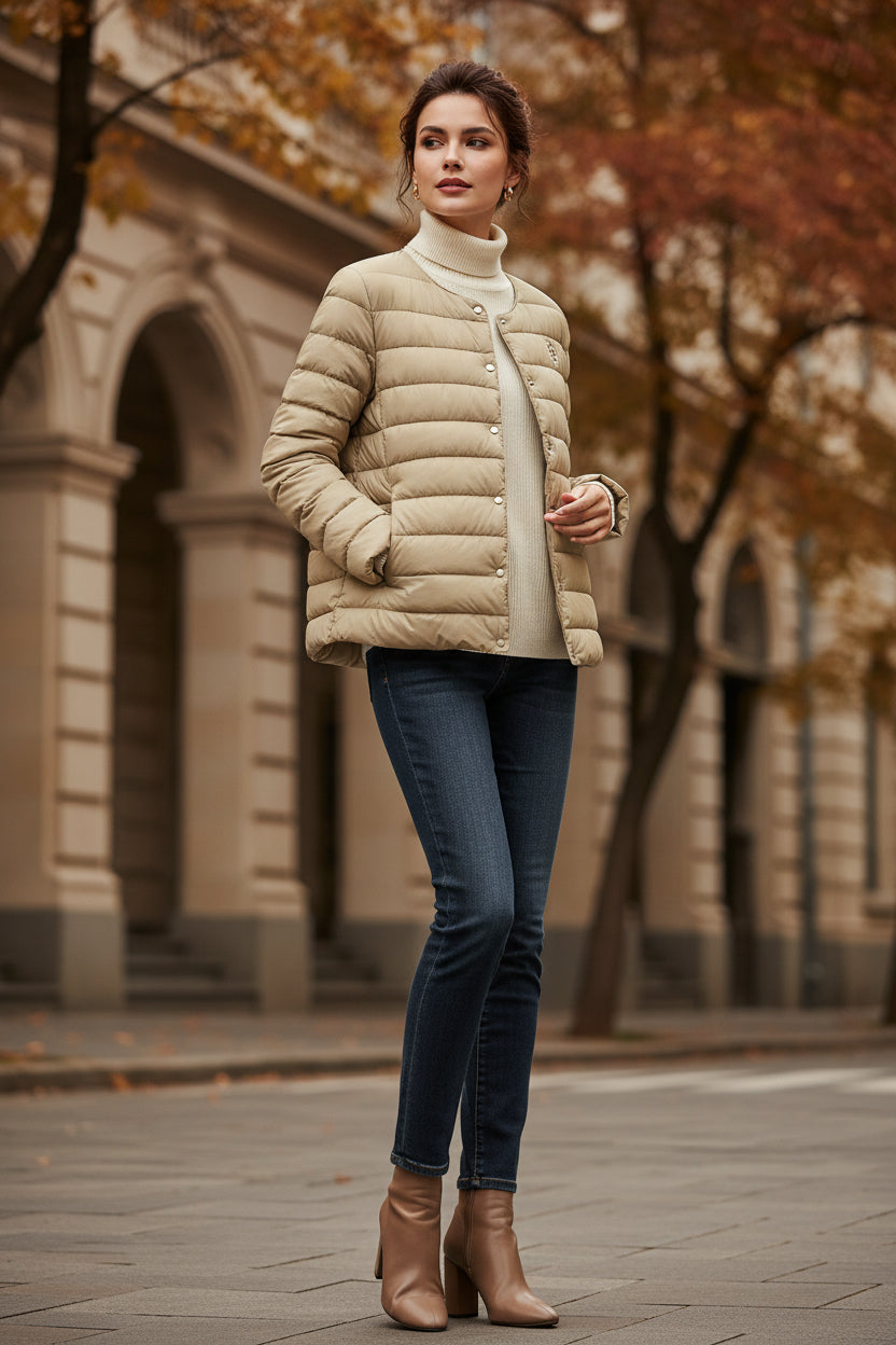 Lightweight quilted jacket in khaki with ribbed stand collar and snap front